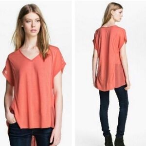 Women's Rag & Bone Orange Sheer Panel Short Sleeve Tunic Top Size Small
